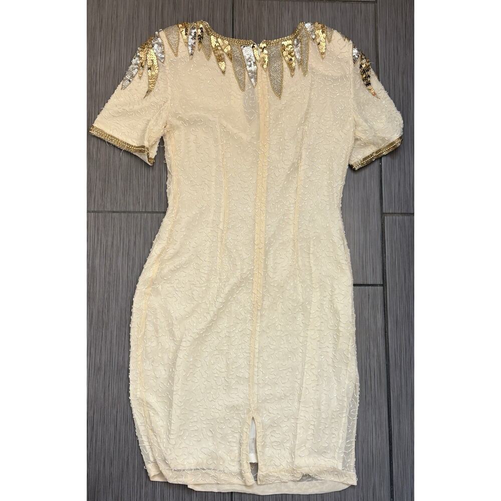 Vintage Niteline Ivory Beaded Mini Silk Dress Size 4 Lined Sheath Gold/Silver - Picture 4 of 5